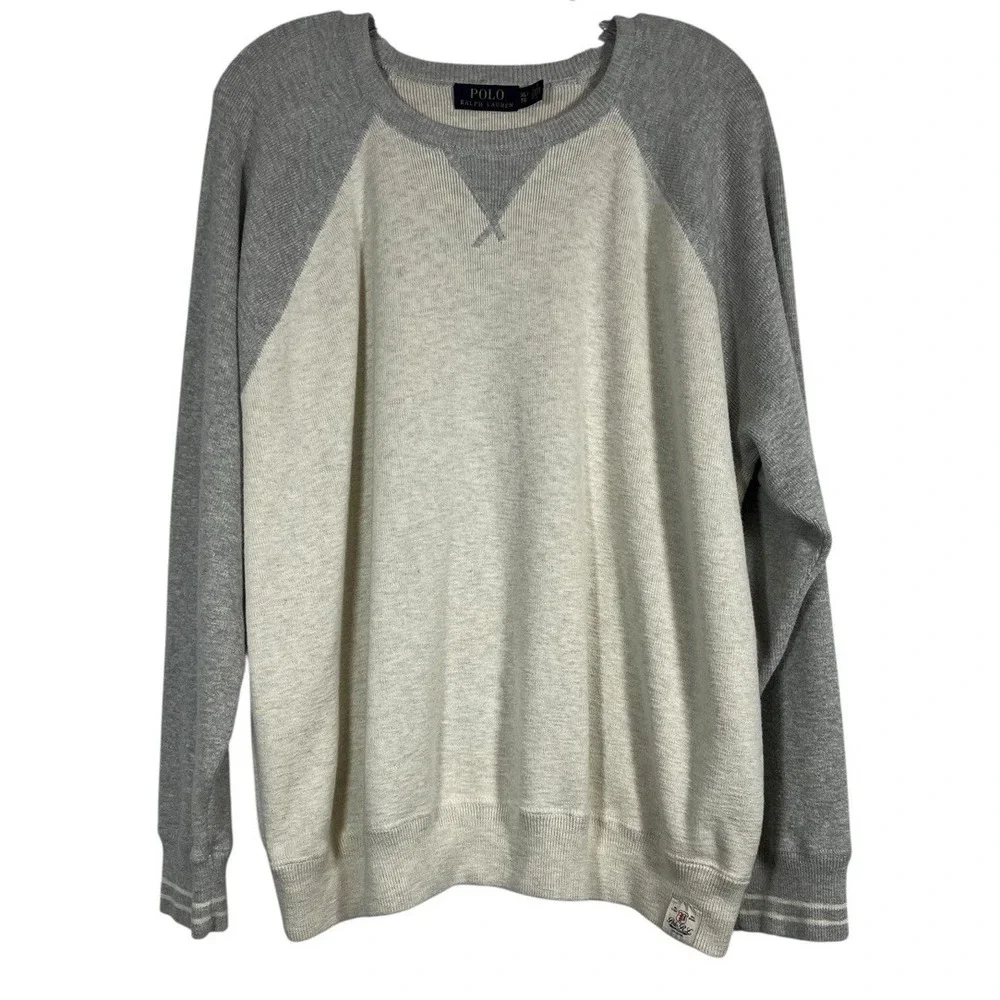 VTG POLO RALPH LAUREN Sz XL Men's Sweater Raglan Gray Beige Crew Neck Sweatshirt